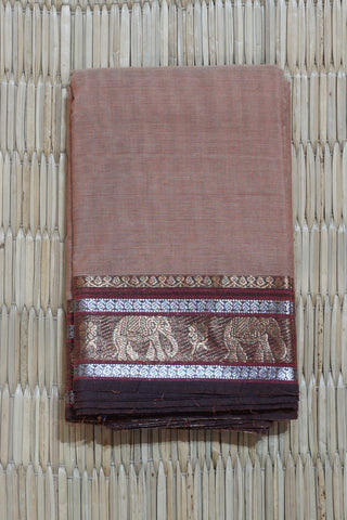 Skin Beige Chettinad Cotton Saree with Coffee Brown Border and Elephant Motifs