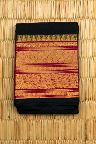 Black Chettinad cotton saree with gold zari and maroon border