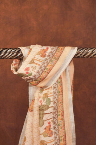 Peach linen saree with forest landscape pallu of palms, birds and deer, deer border, silver zari selvedge and tassels