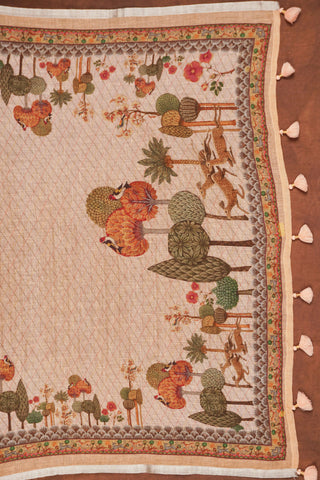 Peach linen saree with forest landscape pallu of palms, birds and deer, deer border, silver zari selvedge and tassels