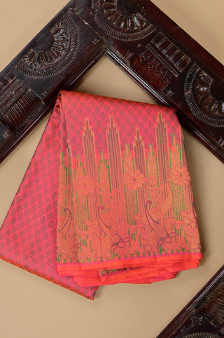 Radiant Hot Pink Kanjeevaram Silk Saree with Traditional Temple & Geometric Motifs