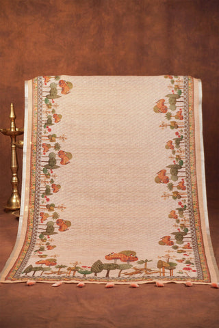 Peach linen saree with forest landscape pallu of palms, birds and deer, deer border, silver zari selvedge and tassels