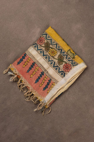 Hand Kalamkari linen dupatta in yellow with floral print			
