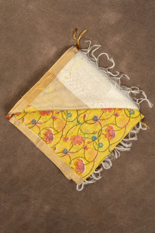 Yellow hand painted Chanderi dupatta with floral motifs and zari border