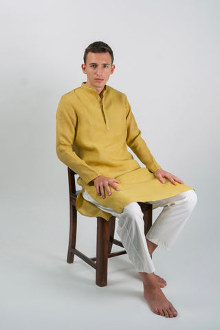 Mustard Yellow Long Kurta with Striped Center Placket Accent