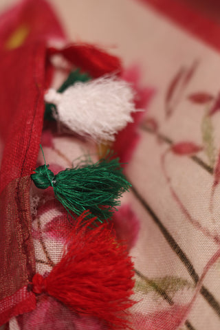 White Linen Saree with Red Floral Motifs and Bold Red Border