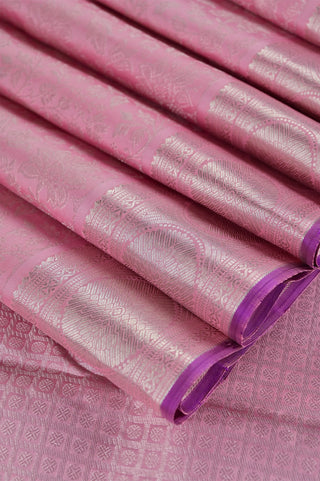 Elegant Pastel Pink Kanjeevaram Silk Saree with Silver Zari & Contrast Violet Border