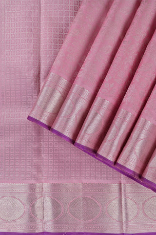 Elegant Pastel Pink Kanjeevaram Silk Saree with Silver Zari & Contrast Violet Border