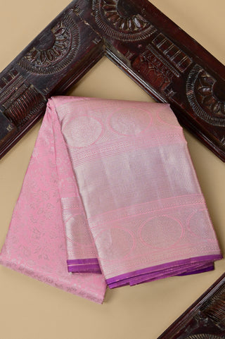Elegant Pastel Pink Kanjeevaram Silk Saree with Silver Zari & Contrast Violet Border
