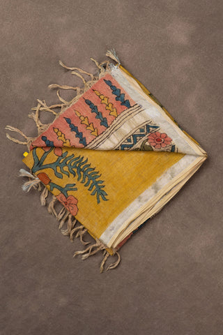 Hand Kalamkari linen dupatta in yellow with floral print			