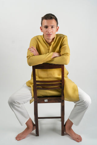 Mustard Yellow Long Kurta with Striped Center Placket Accent