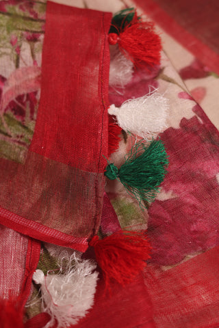 White Linen Saree with Red Floral Motifs and Bold Red Border