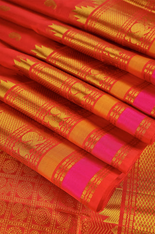 Radiant Vermilion Red Silk Saree with Gold Zari & Hot Pink Border