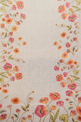White linen dupatta with pink and peach poppy floral borders, green foliage, silver zari selvage and white tassels