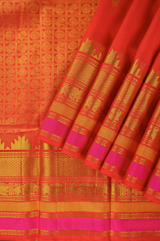 Radiant Vermilion Red Silk Saree with Gold Zari & Hot Pink Border