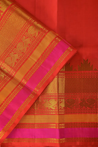 Radiant Vermilion Red Silk Saree with Gold Zari & Hot Pink Border