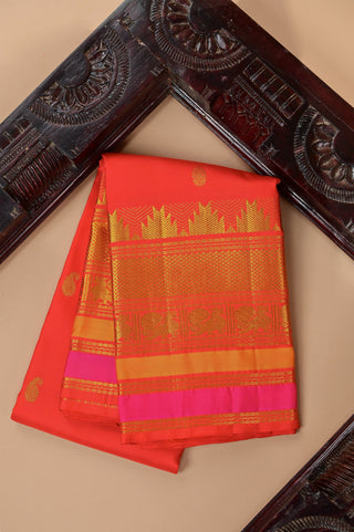 Radiant Vermilion Red Silk Saree with Gold Zari & Hot Pink Border
