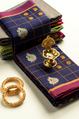 Navy Blue Chettinad Kattam Cotton Saree with Mango Yellow Checks and Peacock Motifs