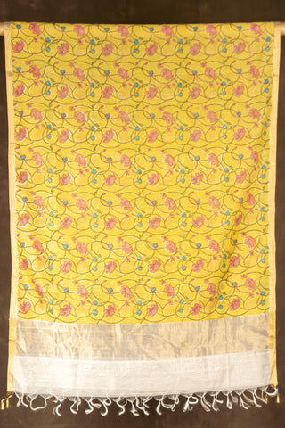 Yellow hand painted Chanderi dupatta with floral motifs and zari border
