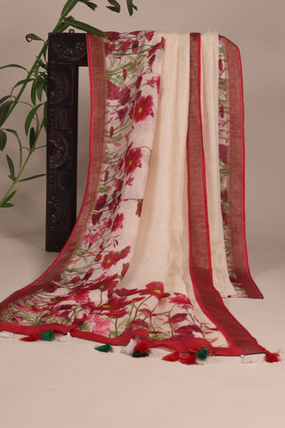 White Linen Saree with Red Floral Motifs and Bold Red Border