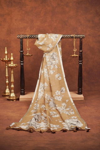 Brown linen dupatta with oversized white and grey floral bouquets, silver zari selvage and brown tassels