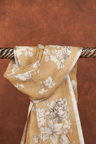 Brown linen dupatta with oversized white and grey floral bouquets, silver zari selvage and brown tassels