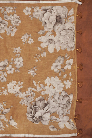 Brown linen dupatta with oversized white and grey floral bouquets, silver zari selvage and brown tassels