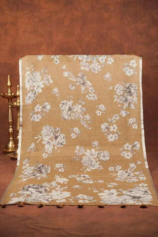 Brown linen dupatta with oversized white and grey floral bouquets, silver zari selvage and brown tassels