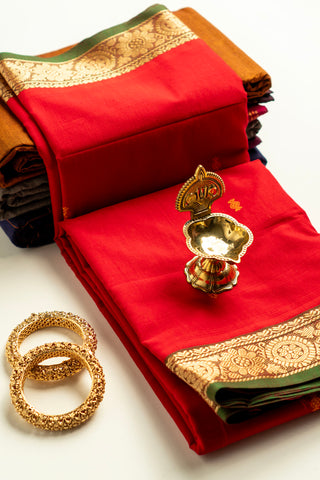 Ruby Red Chettinad Cotton Saree with Gold Zari Chakra and Floral Border