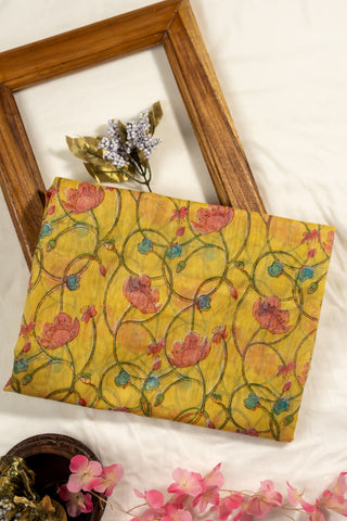 Yellow hand painted Chanderi dupatta with floral motifs and zari border