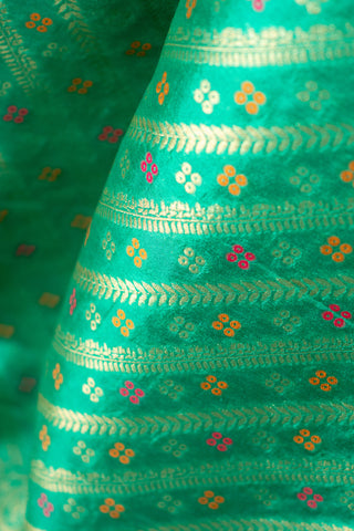 Emerald green Banarasi dupatta with gold zari motifs	