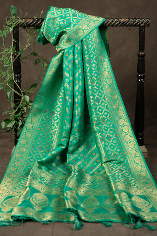 Emerald green Banarasi dupatta with gold zari motifs	