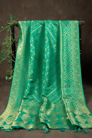 Emerald green Banarasi dupatta with gold zari motifs	