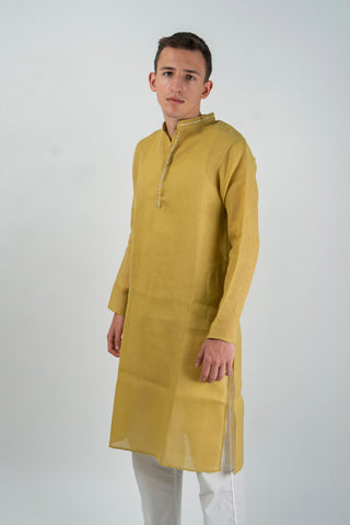 Mustard Yellow Long Kurta with Striped Center Placket Accent