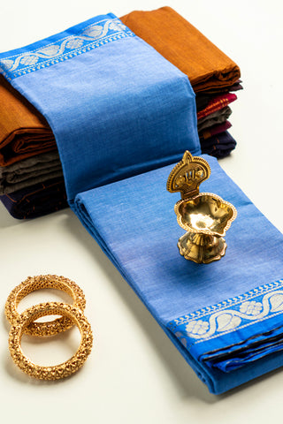 Steel Blue Chettinad Cotton Saree with Royal Blue and Gold Paisley Border