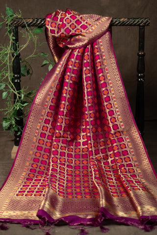 Magenta Banarasi dupatta with gold zari motifs	