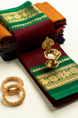 Deep Maroon Chettinad Cotton Saree with Forest Green and Gold Peacock Border