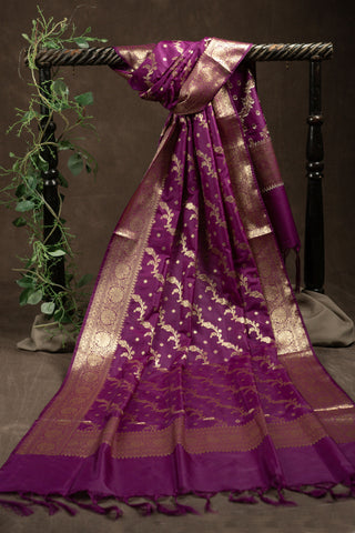 Magenta Banarasi art silk dupatta with diagonal zari motifs