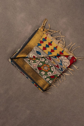 Hand Kalamkari Chennuri silk dupatta with mythological figures			