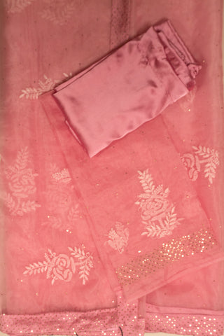 Soft Pink Organza Chikankari Saree with Delicate Embroidery