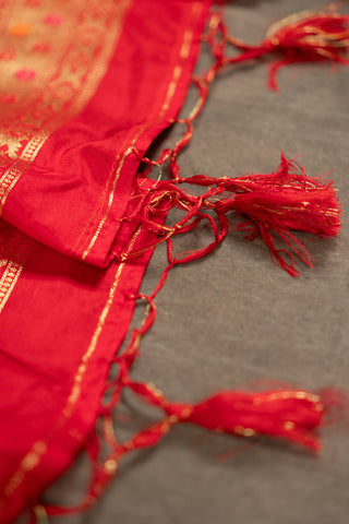 Scarlet red Banarasi dupatta with gold zari	