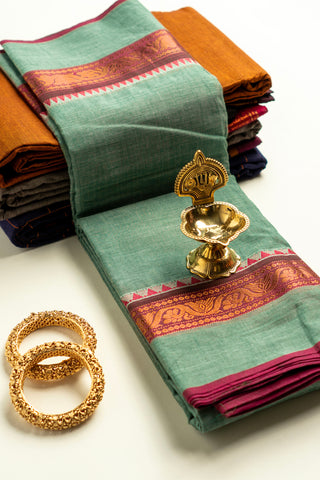 Pista Green Chettinad Cotton Saree with Magenta and Gold Peacock Border