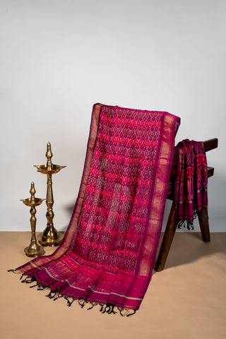 Magenta cotton silk Ikat dupatta with diamond motifs and tassels