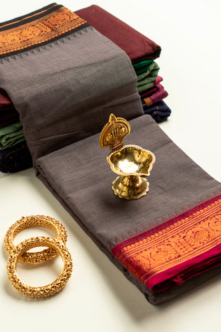 Charcoal Grey Chettinad Cotton Saree with Red Border and Rudraksham Motifs
