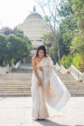 Off-White Banarasi Pure Silk Saree with Trishul-Damru Motifs