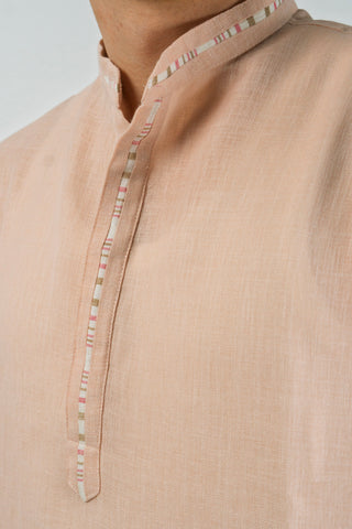 Peach Regular Long Kurta with Striped Center Placket Accent