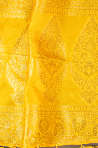 Yellow Banarasi dupatta with gold zari and pink highlights	