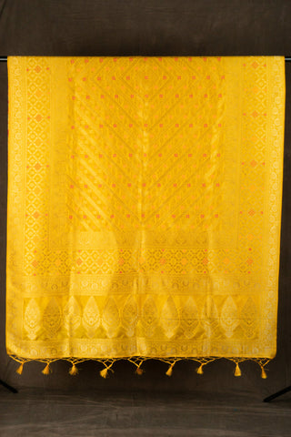 Yellow Banarasi dupatta with gold zari and pink highlights	