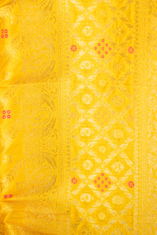 Yellow Banarasi dupatta with gold zari and pink highlights	
