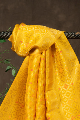 Yellow Banarasi dupatta with gold zari and pink highlights	
